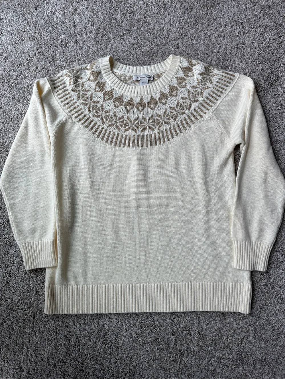 Coldwater Creek EUC cream & metallic thread sweater. Size Medium, Cotton/acrylic
